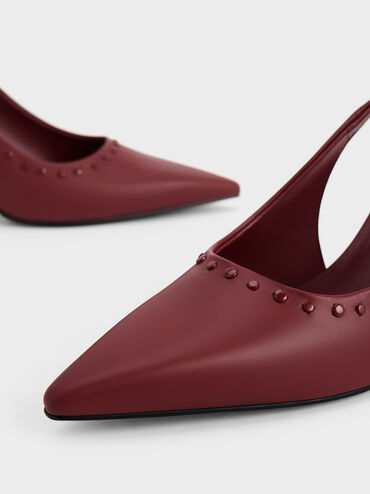 Studded Pointed-Toe Slingback Pumps, Burgundy, hi-res