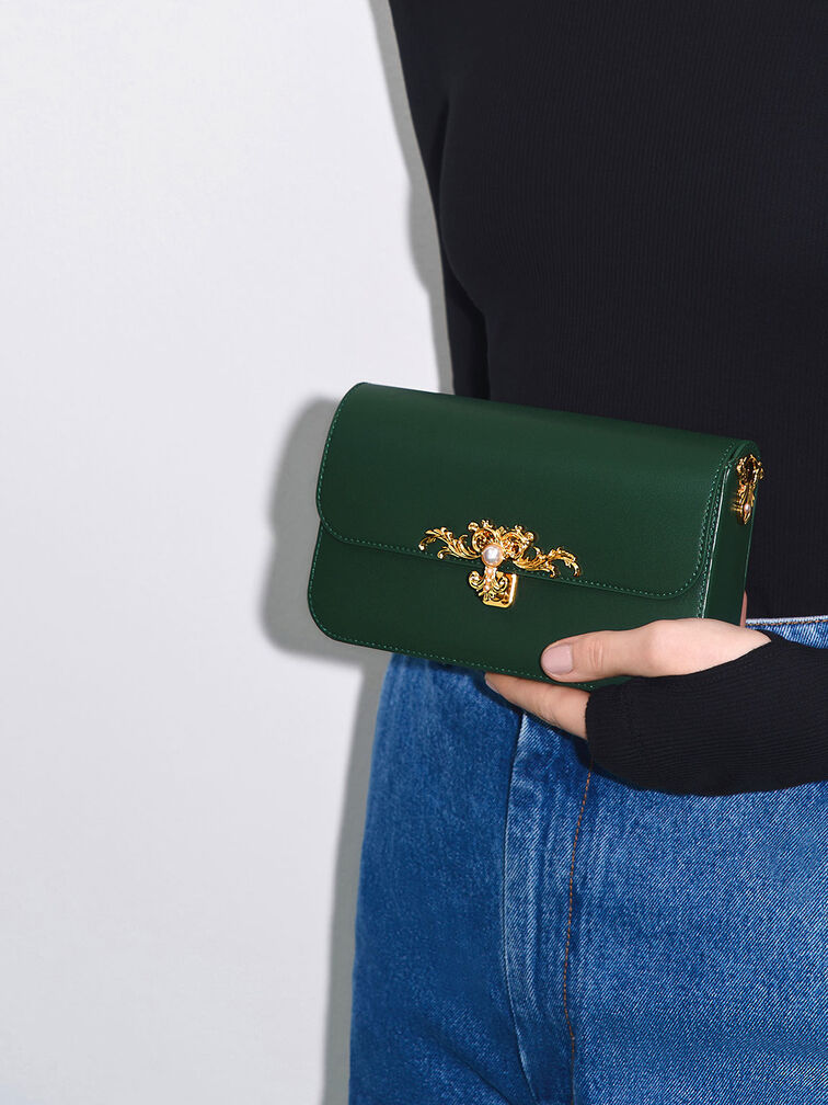Merial Metallic Accent Clutch, Dark Green, hi-res