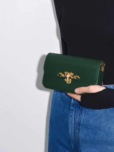 Merial Metallic Accent Clutch, Dark Green, hi-res