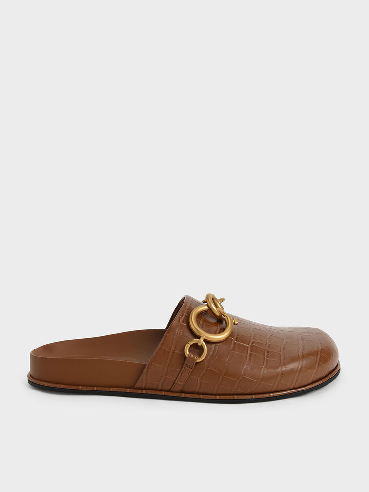 Croc-Effect Chain Link Flat Mules, Animal Print Brown, hi-res