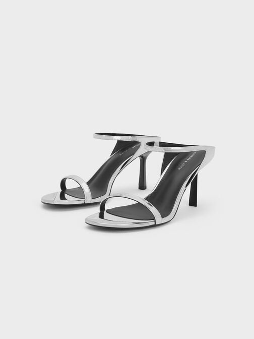Metallic Cap Stiletto Heel Mules, Silver, hi-res