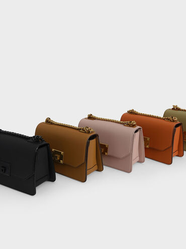 Metallic Push-Lock Crossbody Bag, Camel, hi-res