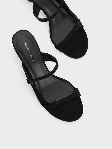 Textured Double Strap Heeled Mules, Black, hi-res