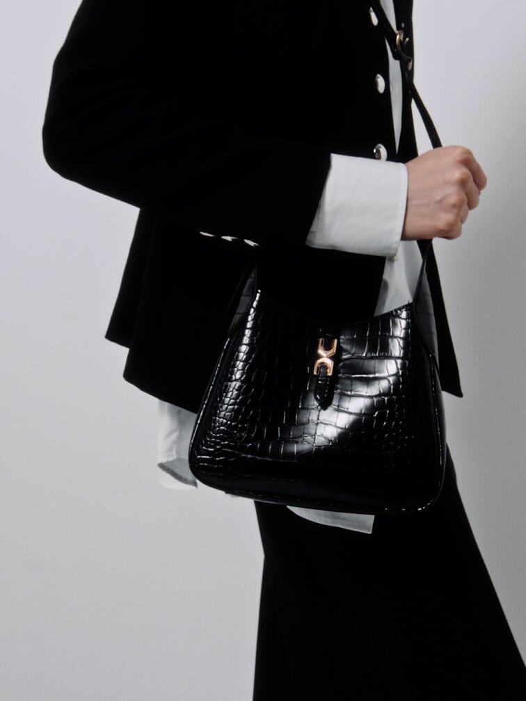 Mini Adalyn Croc-Effect Metallic-Buckle Belted Hobo Bag, Black Croco, hi-res