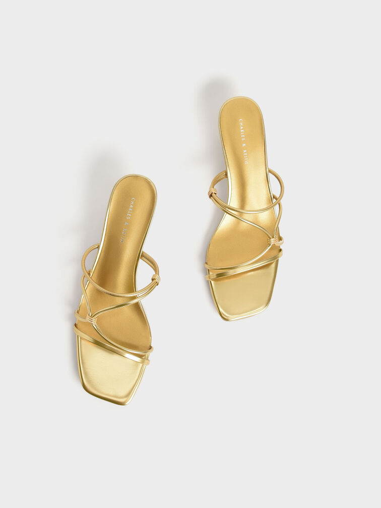 Metallic-Accent Strappy Mules, Gold, hi-res