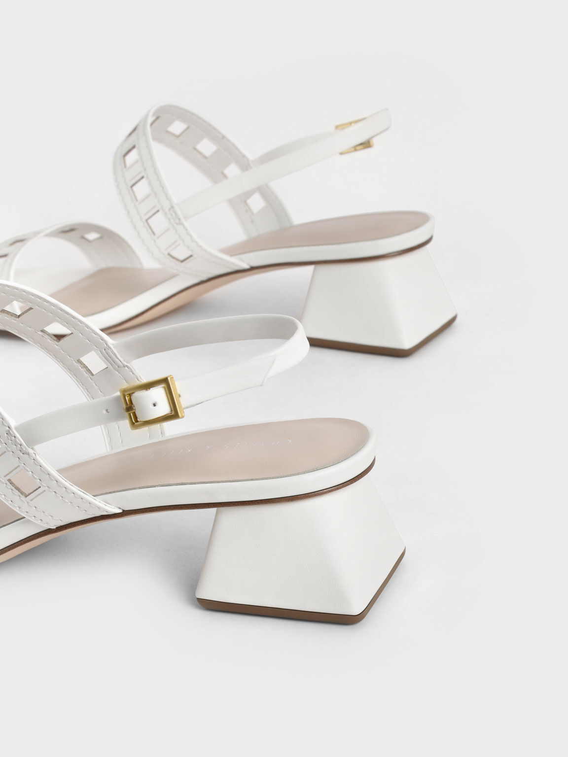 White slingback block store heels