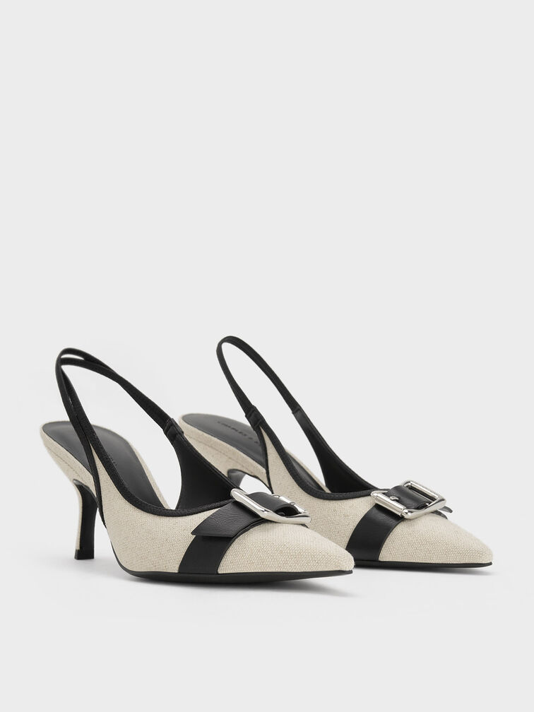 Anita Linen Buckled Pointed-Toe Slingback Pumps, Chalk, hi-res
