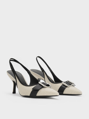 Anita Linen Buckled Pointed-Toe Slingback Pumps, Chalk, hi-res