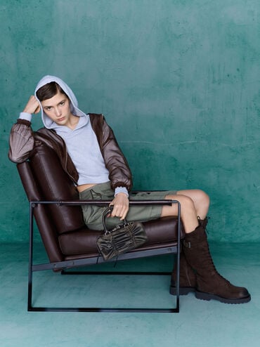 Kadee Ruched Bow-Charm Bowling Bag, Burnished Brown, hi-res