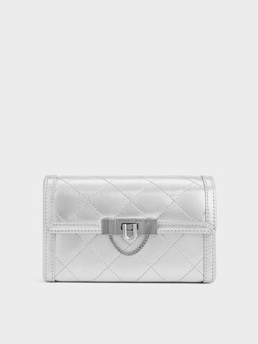 Tallulah Quilted Metallic Push-Lock Clutch, Silver, hi-res