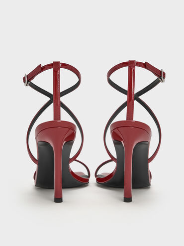Patent Strappy Ankle-Strap Heeled Sandals, Red, hi-res