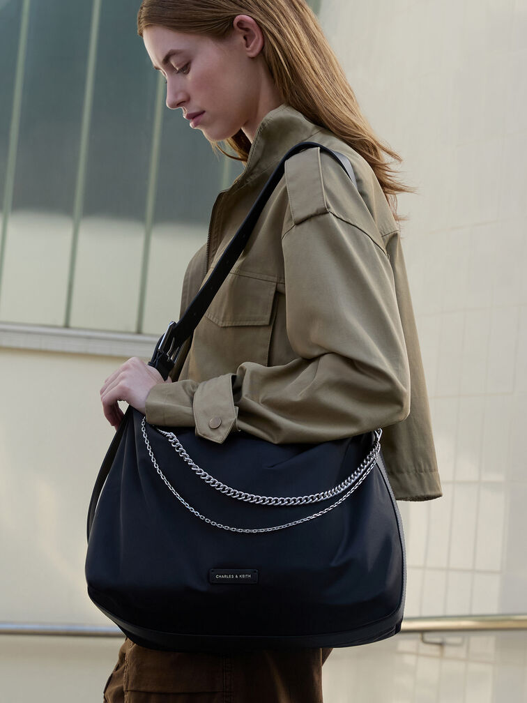 Nylon Chain-Link Slouchy Shoulder Bag, Noir, hi-res