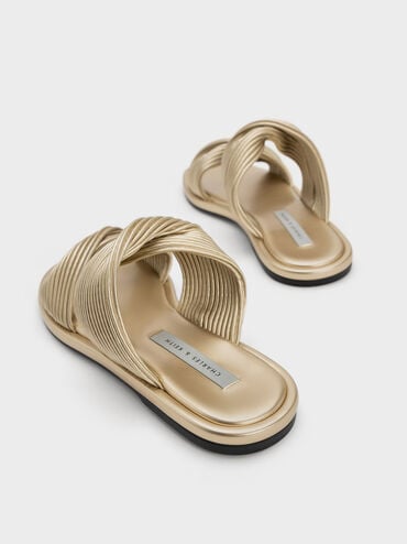 Pleated Twist Strap Slides, Gold, hi-res