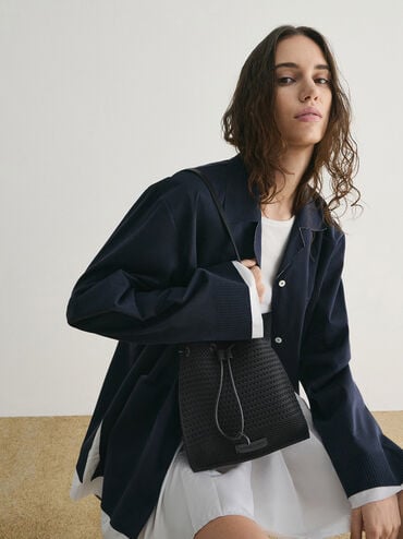 Ida Knitted Bucket Bag, Black, hi-res