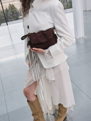 Khai Recycled Suede Ruched-Flap Side-Pocket Top Handle Bag, Espresso Brown, hi-res