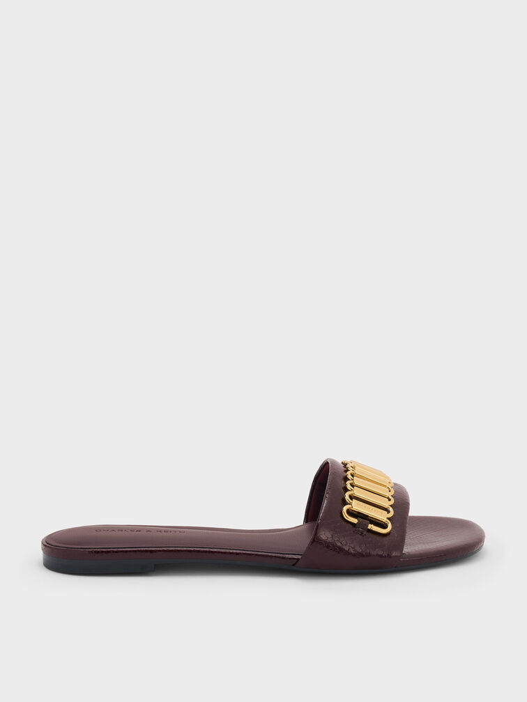 Snake-Print Metallic-Accent Slide Sandals, Animal Print Burgundy, hi-res