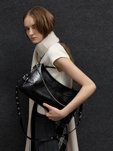 Antonella Chain-Strap Side-Buckle Shoulder Bag, Noir, hi-res