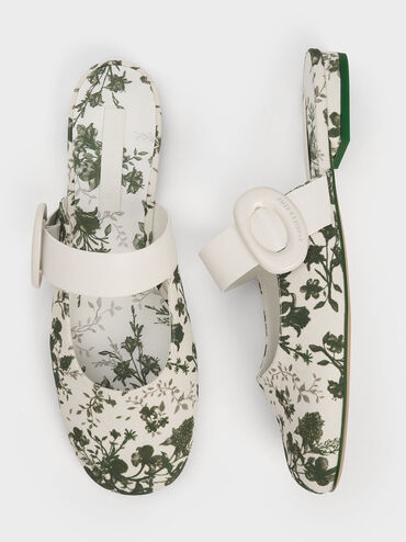 Floral-Print Oval-Buckle Flat Mules, Green, hi-res