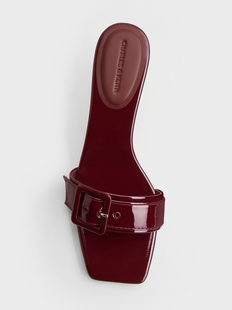 Patent Buckle-Strap Heeled Mules, Burgundy, hi-res