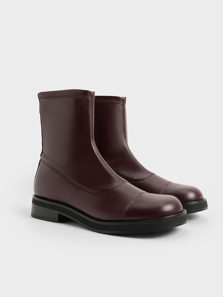 Round Toe Zip-Up Ankle Boots, Burgundy, hi-res