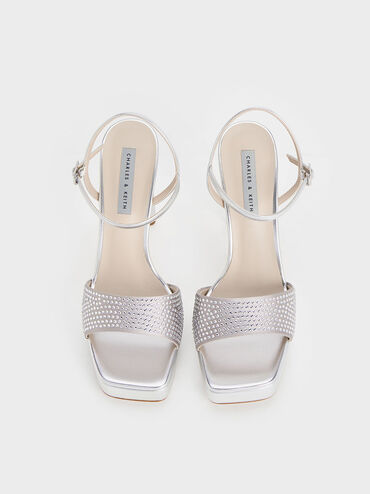 Metallic Crystal-Embellished Platform Sandals, Silver, hi-res