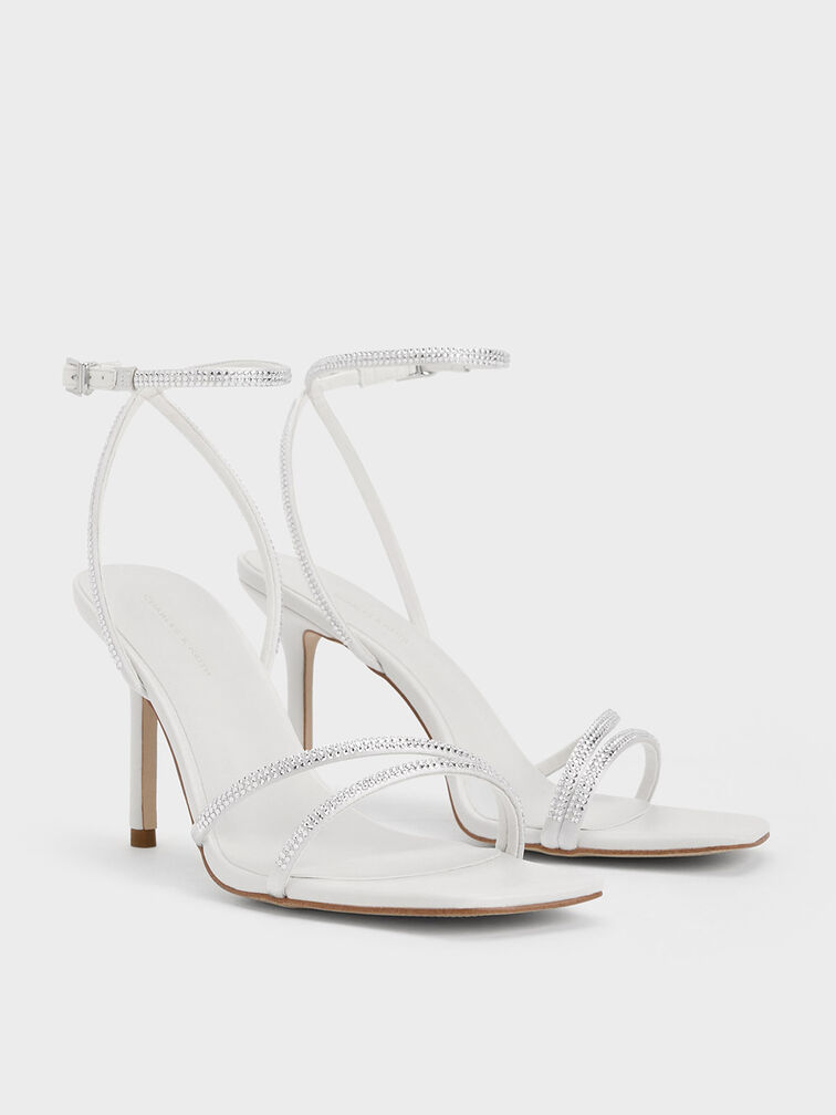 Satin Crystal Stiletto Sandals, White, hi-res