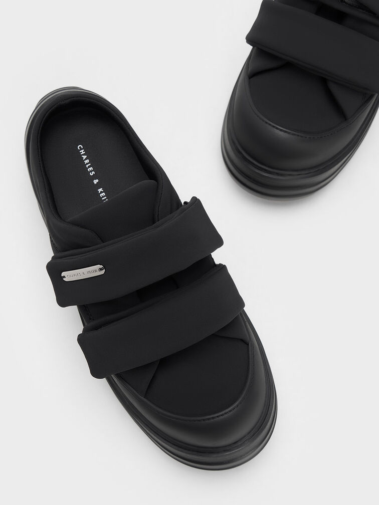 Nylon Padded Double-Strap Slip-On Sneakers, Black Textured, hi-res