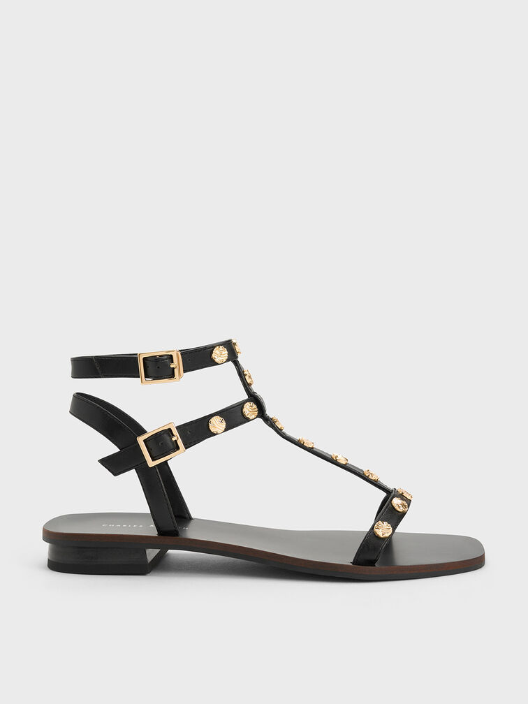 Studded Gladiator Sandals, Black, hi-res