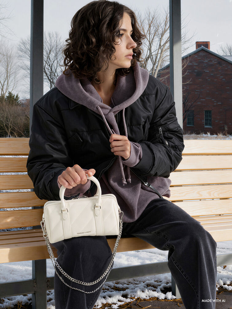 Philomena Panelled Chain-Handle Bowling Bag, Cream, hi-res