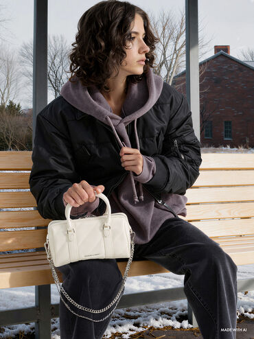 Philomena Panelled Chain-Handle Bowling Bag, Cream, hi-res