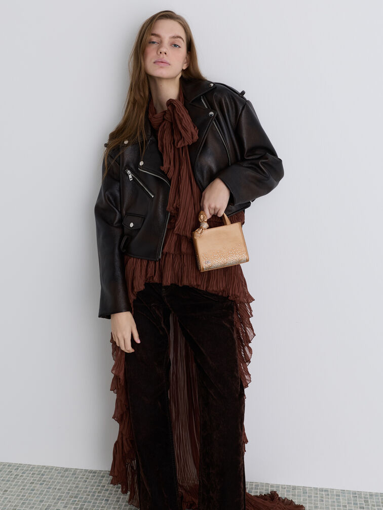 Mini Albany Leather & Satin Crystal-Embellished Knot-Bow Bag, Nude, hi-res