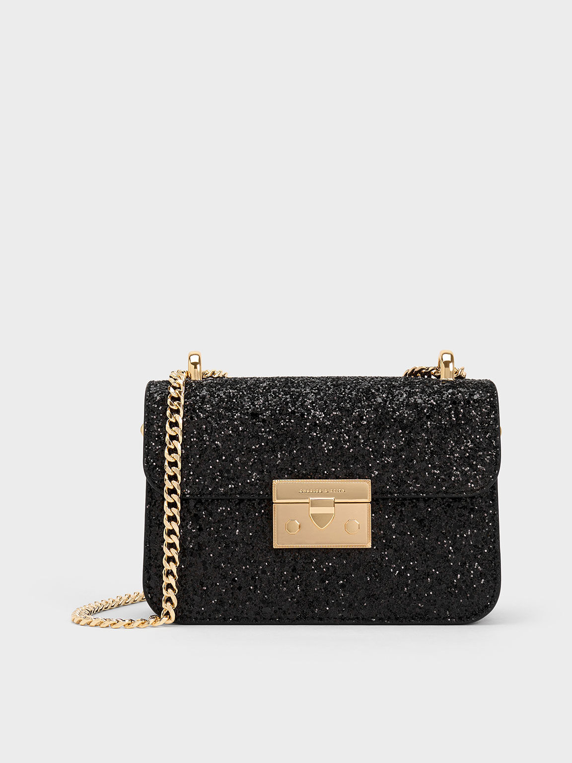Black Glittered Push Lock Chain Handle Bag CHARLES KEITH IN