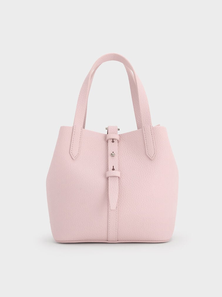 Beryl Recycled Leather Double-Handle Belted Bucket Bag, Cotton Candy Pink, hi-res