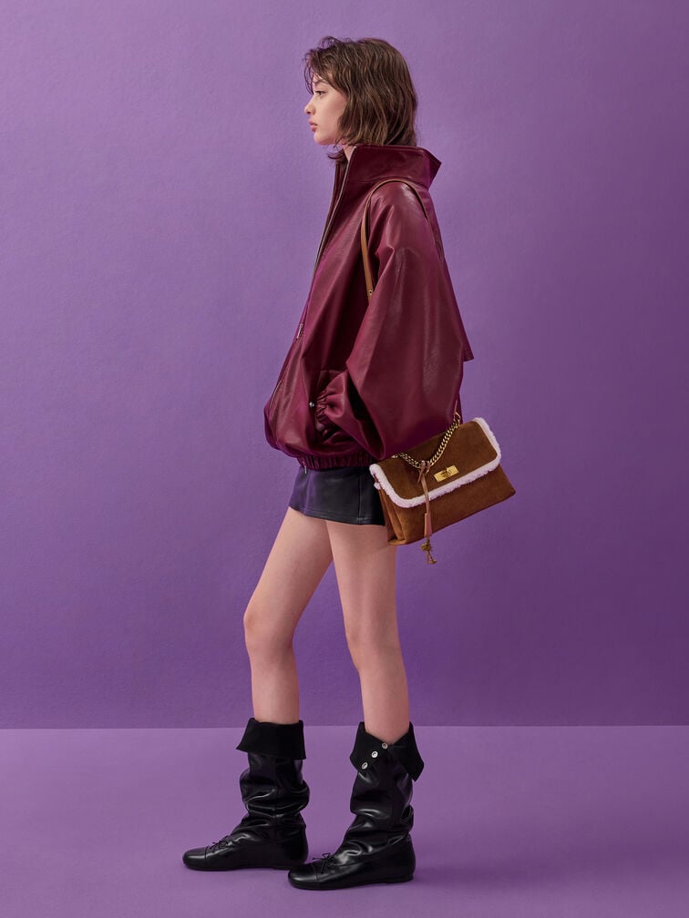 Kerry Recycled Suede & Faux Shearling Chain-Handle Crossbody Bag, Sienna Brown, hi-res