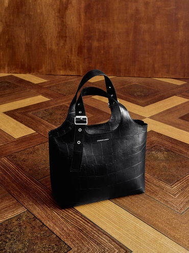 Liv Croc-Effect Tote Bag, Noir, hi-res