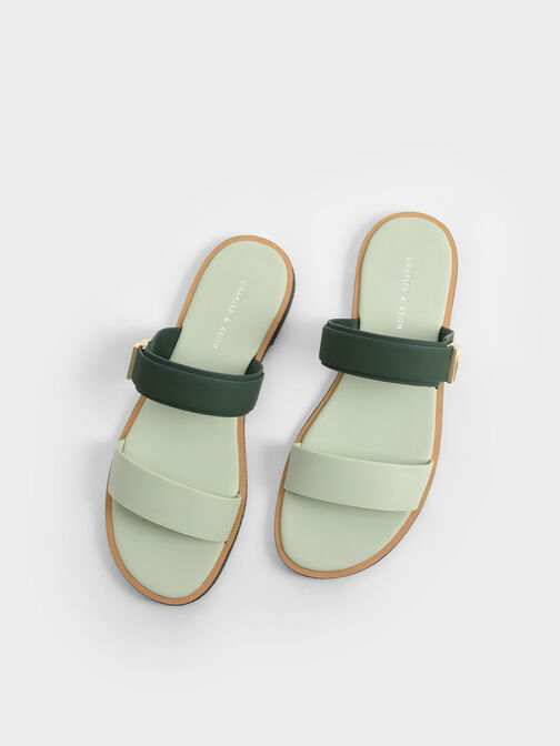 Dove Metallic Buckle Slide Sandals, Green, hi-res
