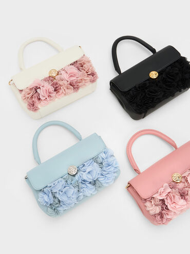 Floral Mesh Top Handle Bag, Pink, hi-res