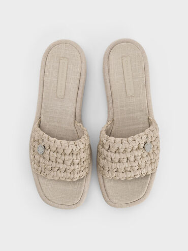 Raffia Woven Flatform Sandals, Beige, hi-res