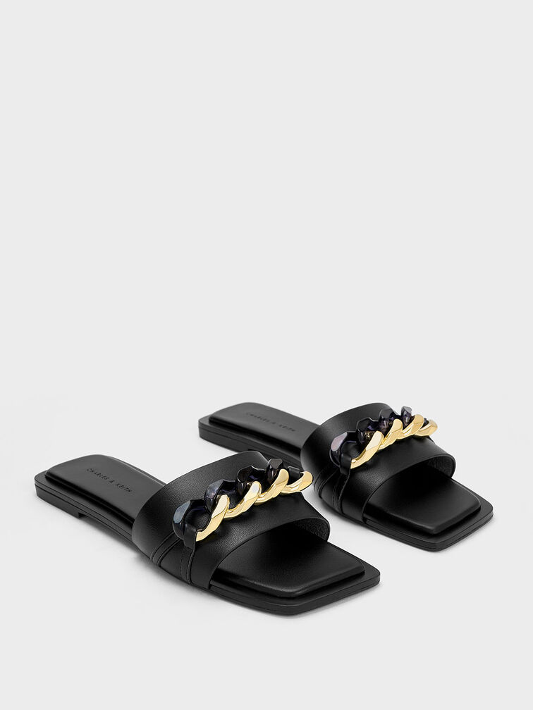 Chunky Chain-Link Slide Sandals, Black, hi-res