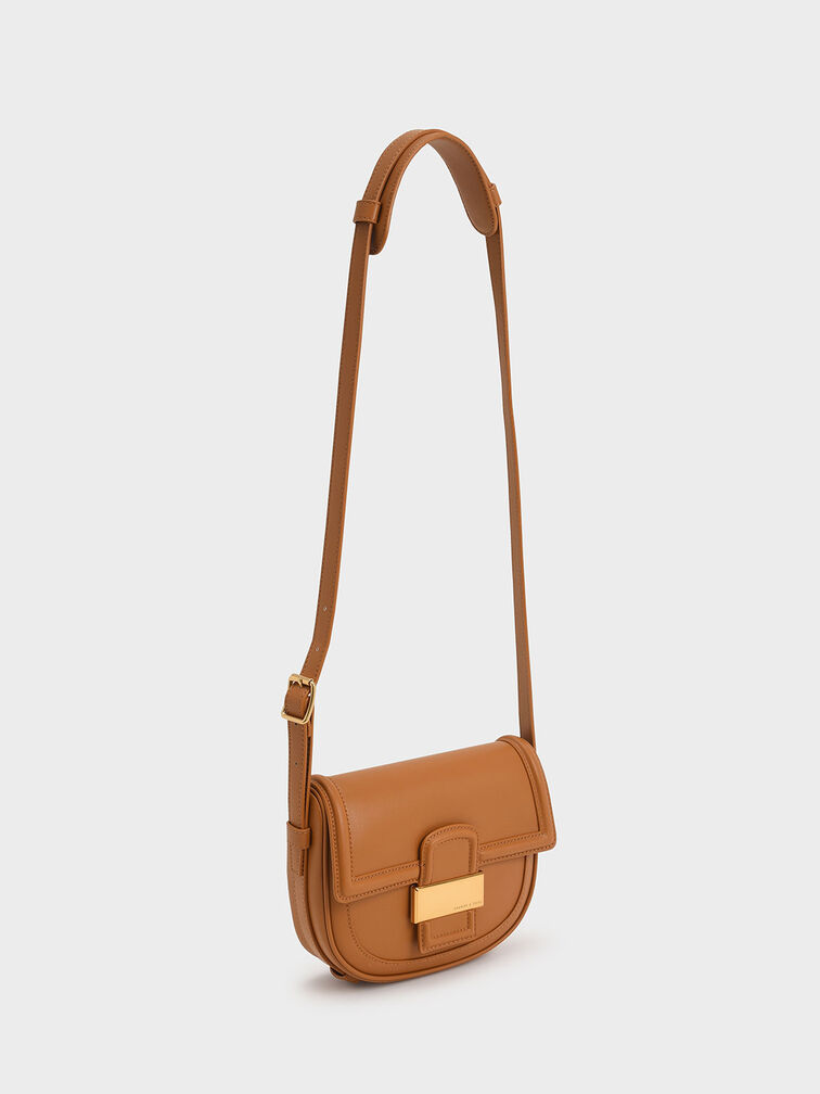 Aurea Metallic-Accent Saddle Crossbody Bag, Cognac, hi-res