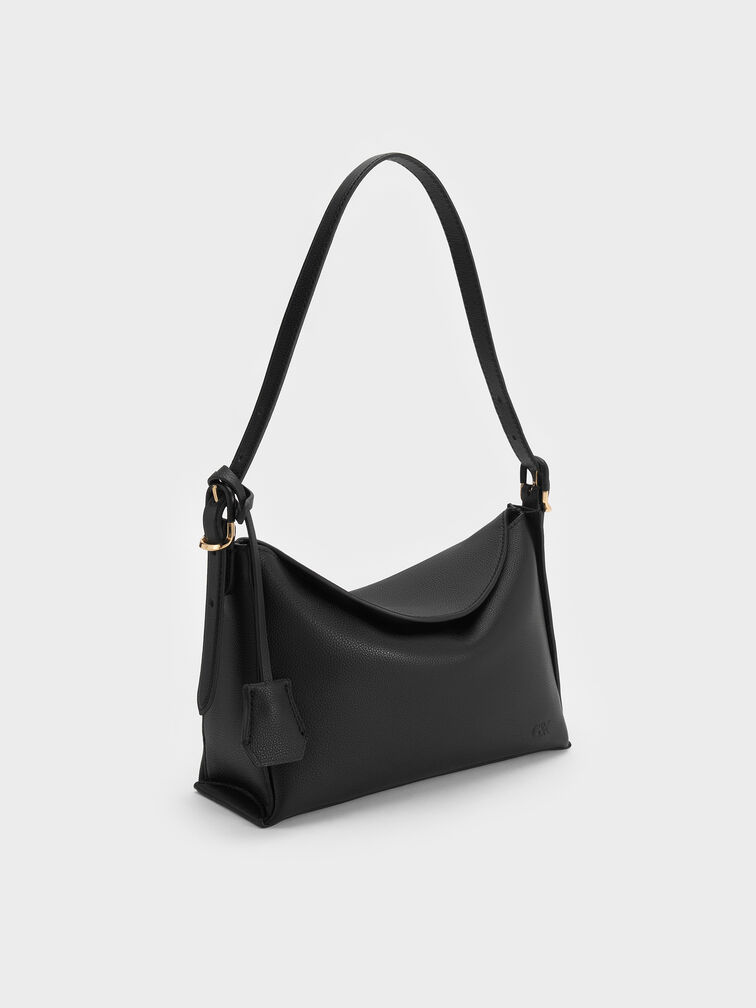 Leather Top-Flap Hobo Bag, Black, hi-res