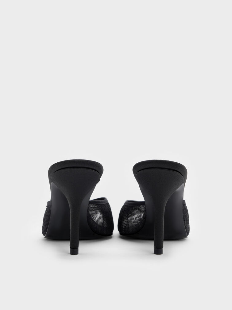 Lace Stiletto Mules, Black Textured, hi-res