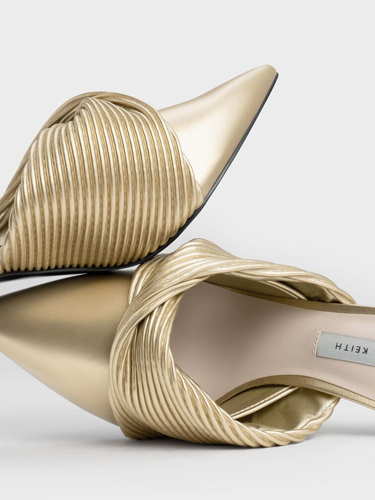 Pleated Wrap Heeled Mules, Gold, hi-res
