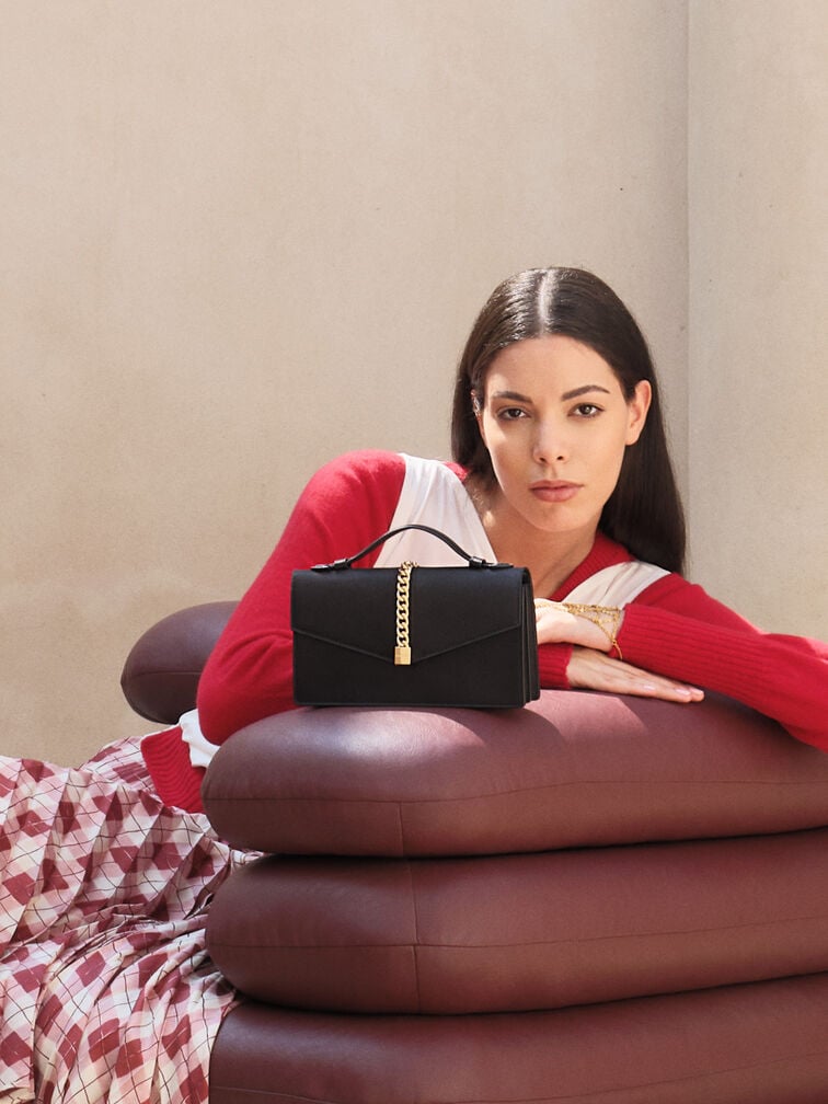 Taisia Satin Chain-Strap Envelope Bag, Black, hi-res