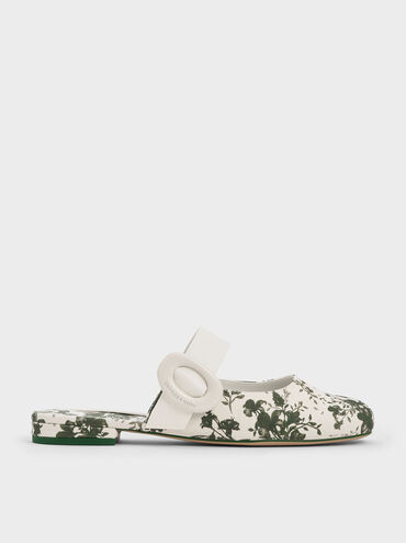 Floral-Print Oval-Buckle Flat Mules, Green, hi-res