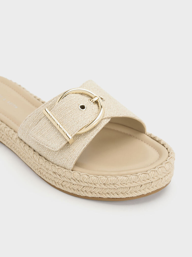 Linen Buckled Espadrille Flat Sandals, Beige, hi-res