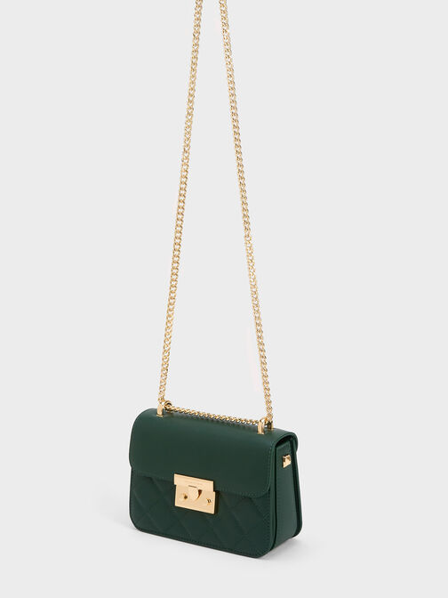 Quilted Push-Lock Chain-Handle Bag, Dark Green, hi-res