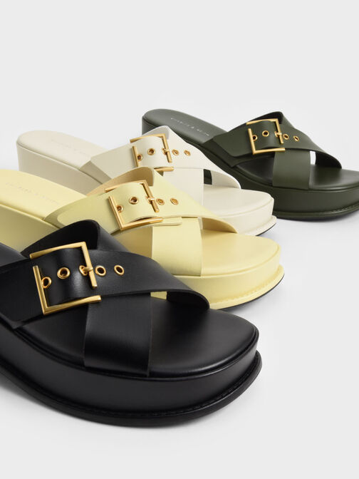 Buckled Crossover Curved Platform Sandals, Olive, hi-res