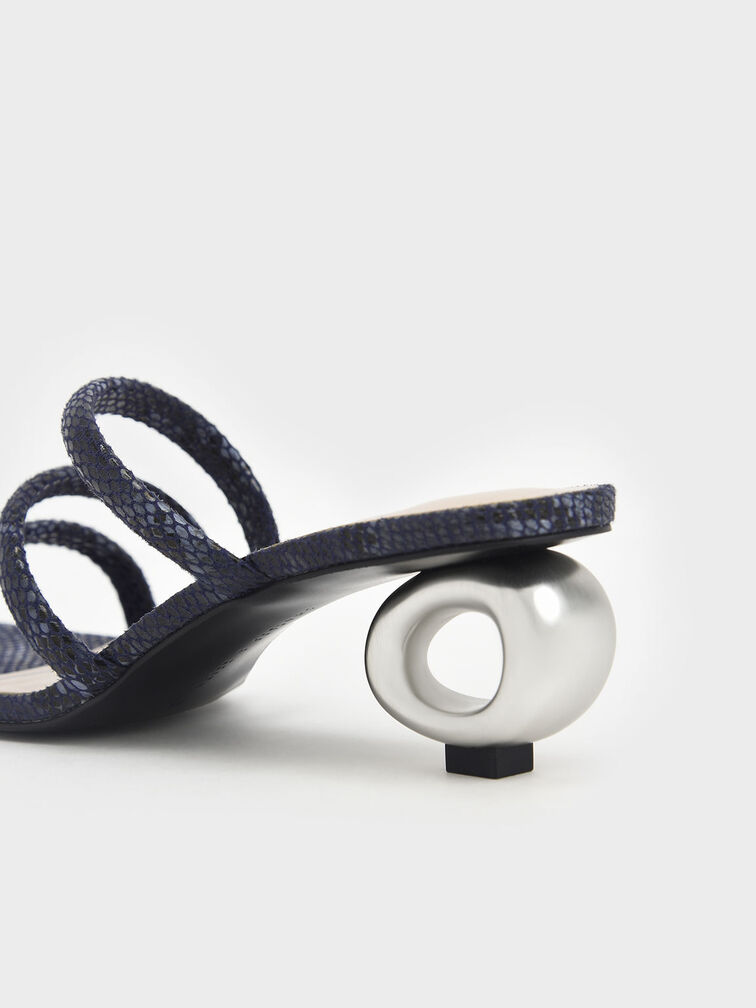 Sculptural Heel Snake Print Tubular Mules, Animal Print Blue, hi-res