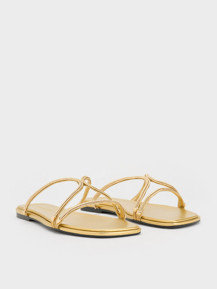 Metallic Braided Strappy Sandals, Gold, hi-res